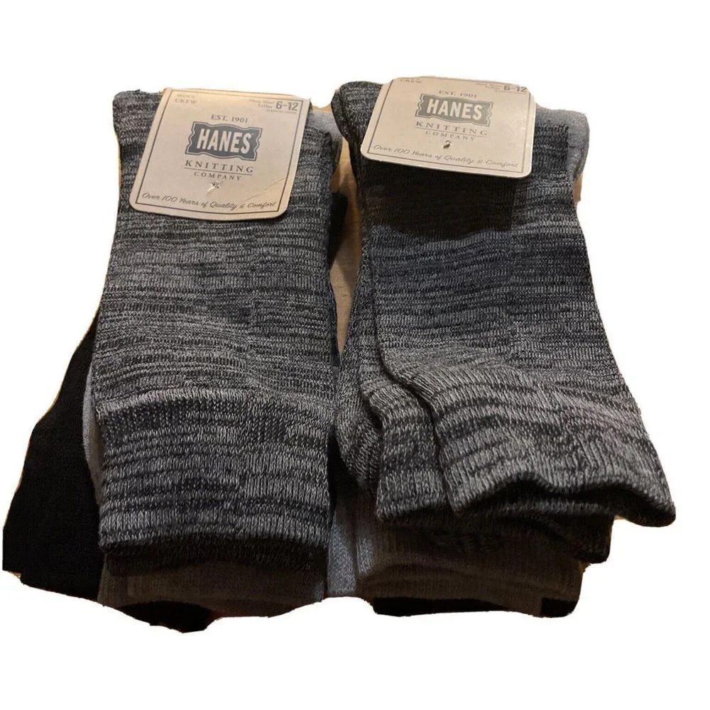 Hanes 2 Pack (6 Pair) Knitting Company Mens Black Grey Crew Socks Size 6-12 NEW